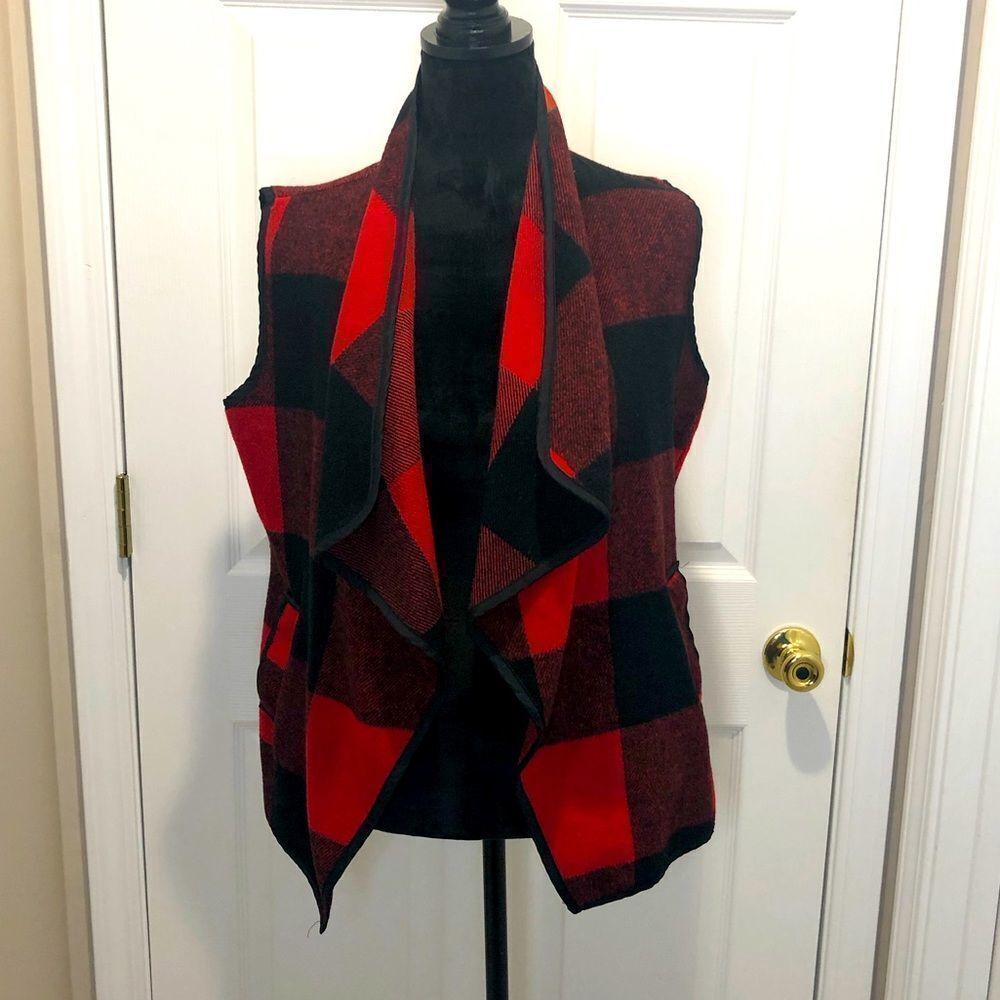 Plaid open drape front vest, size large